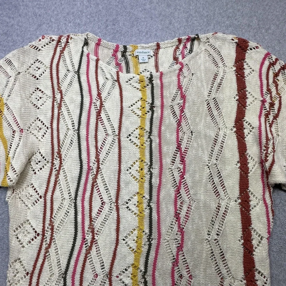 Sundance Sweater Womens Medium Cream Colorful Stripe Open Knit Short Sleeve Top